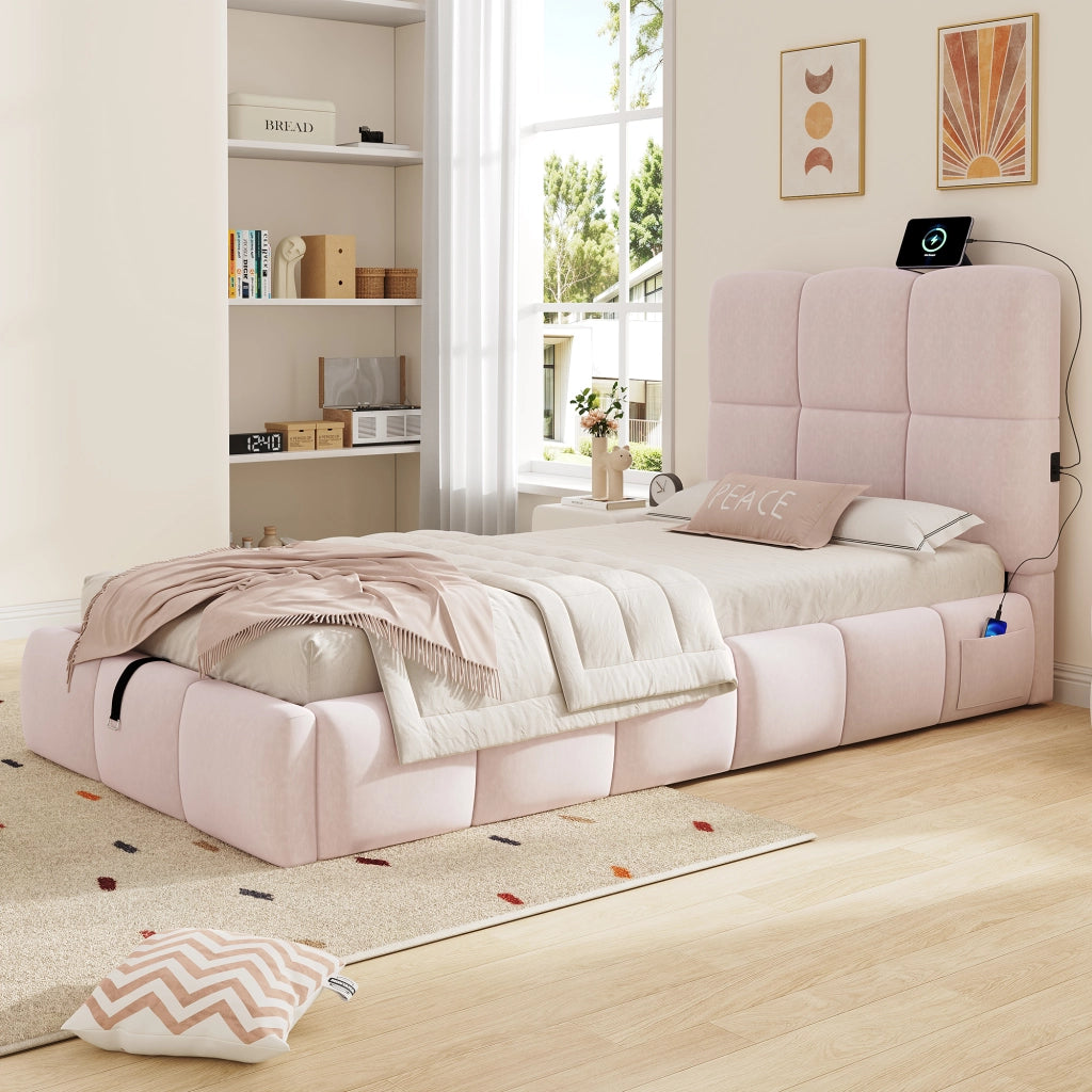 Letto imbottito idraulico con porta USB 90x200 cm velluto rosa