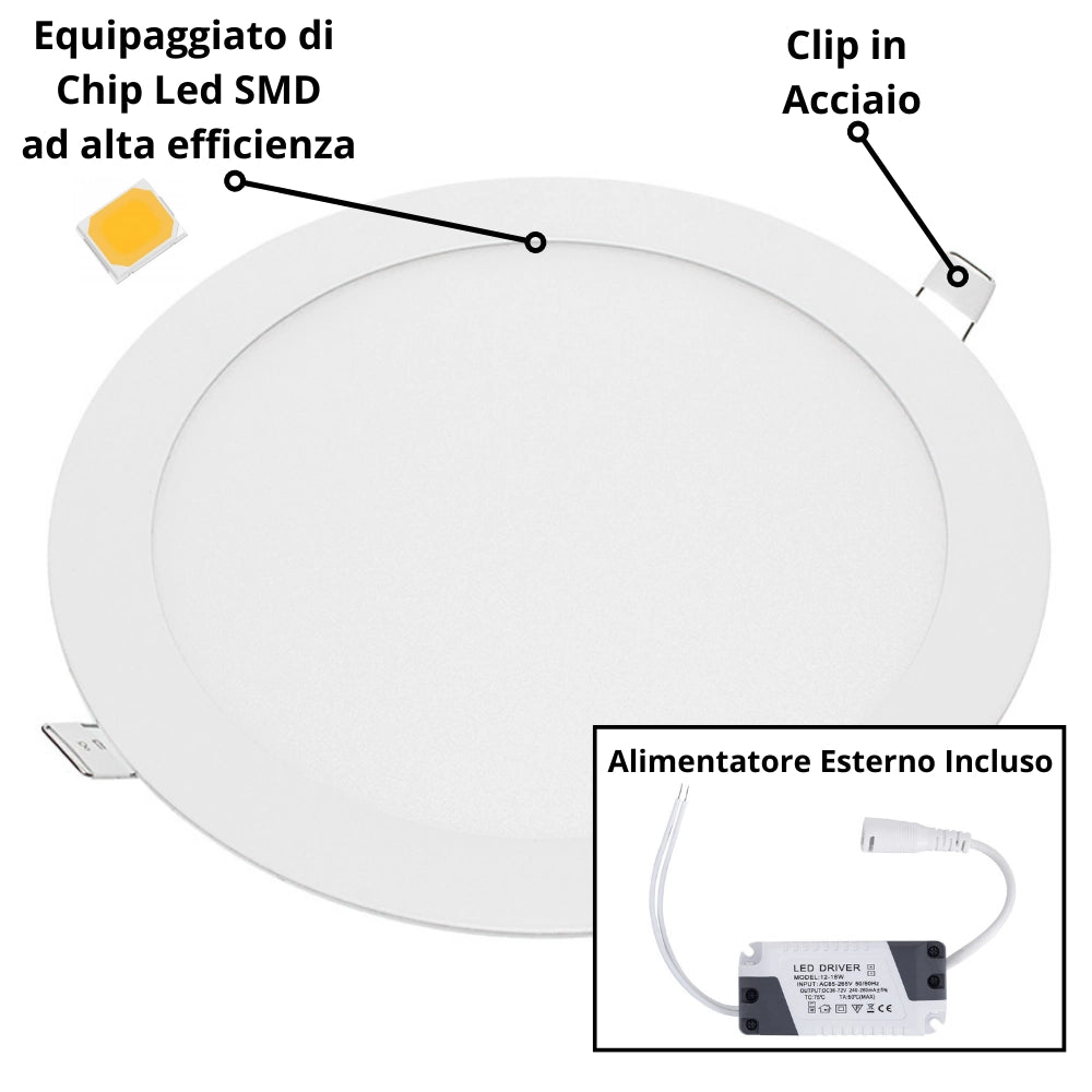 Pannello led incasso 205cm 18watt slim tondo alimentatore incluso 4500k pezzi 3