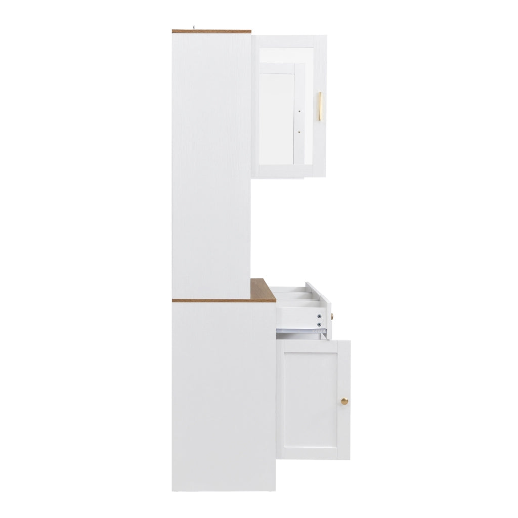 OKWISH Credenza Alta con 5 Ante, 3 Cassetti e Vani Aperti, Ante in Acrilico e Cerniere Ammortizzate, 94.5 x 30 x 175.5 cm
