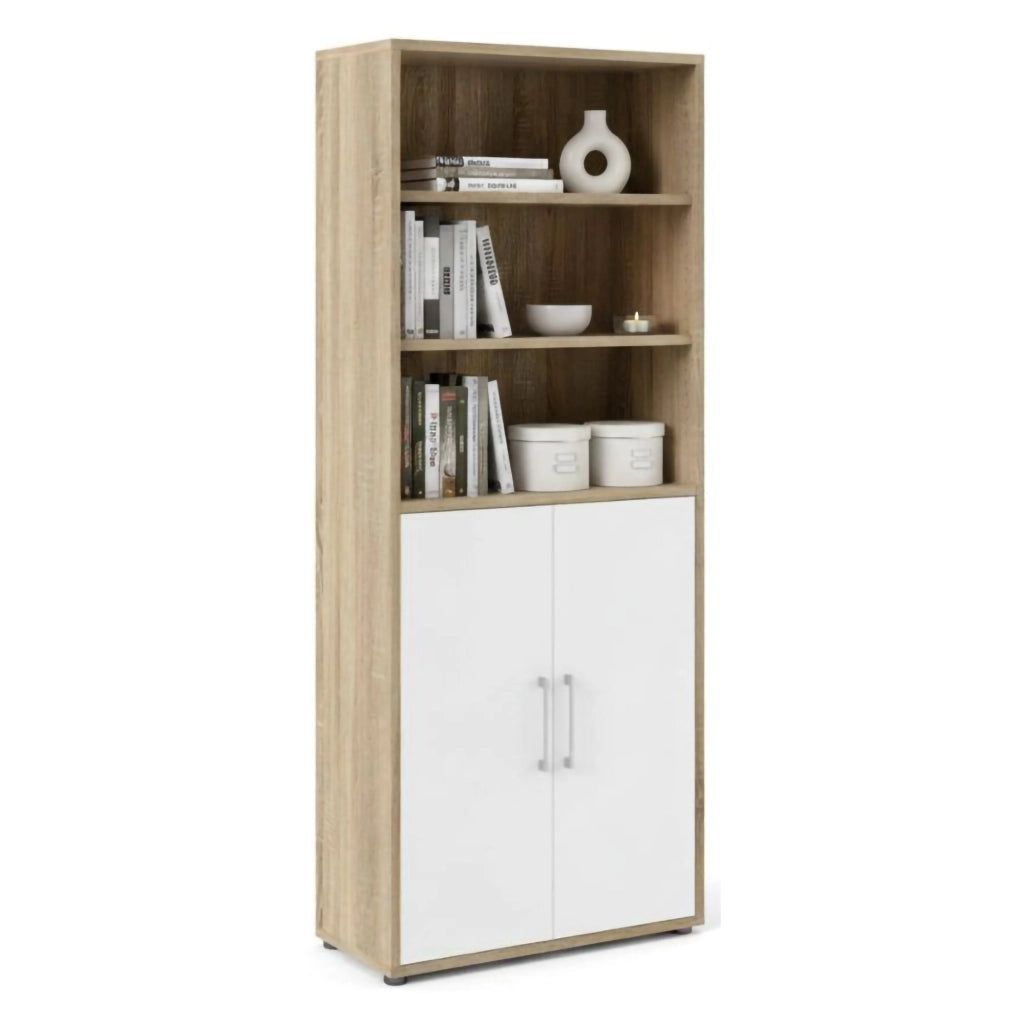 Credenza Valsesia, Buffet da soggiorno, Madia da salotto, Dispensa da cucina, 89x40 h222 cm, Quercia e Bianco