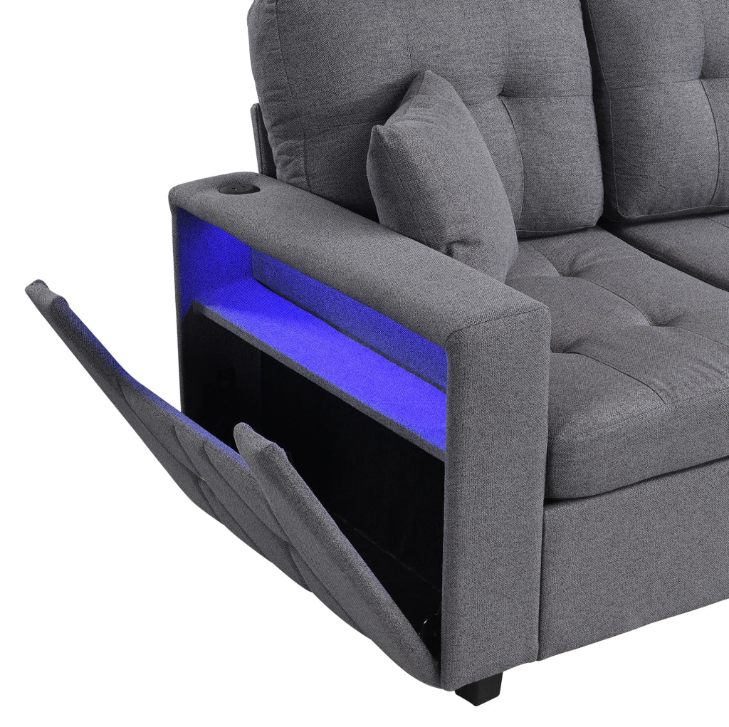 Divano modulare 4 posti con pouf contenitore, LED e porte USB/USB-C in tessuto di lino grigio antico