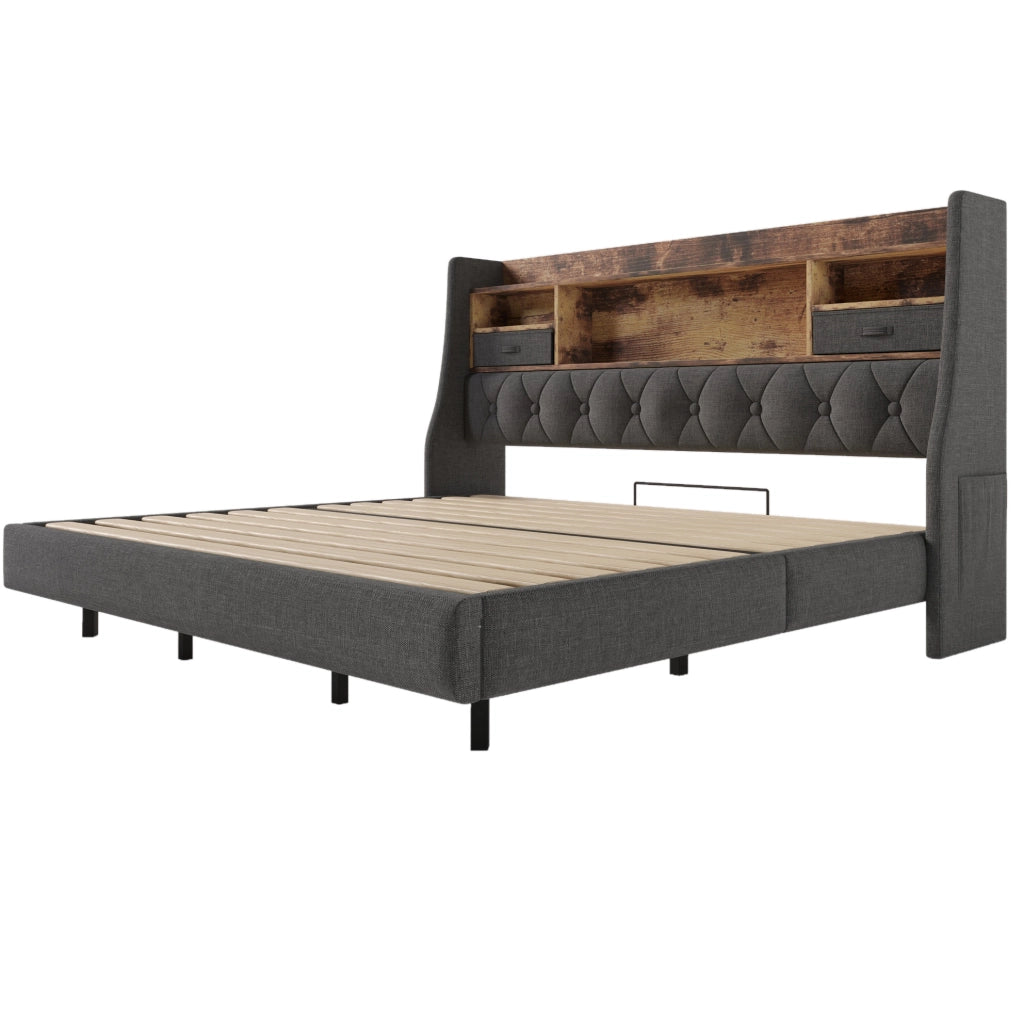 Letto matrimoniale 180x200 cm con LED; porta USB e USB C; testiera contenitore; lino grigio