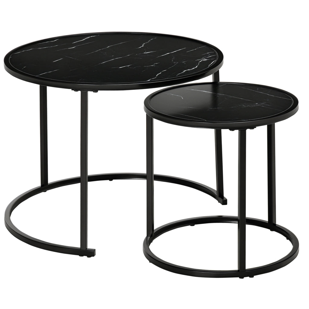 Set 2 Tavolini Nido Rotondi Apilabili ¨C Zephmum ¨C Effetto Marmo Nero ?60x46/?40x40