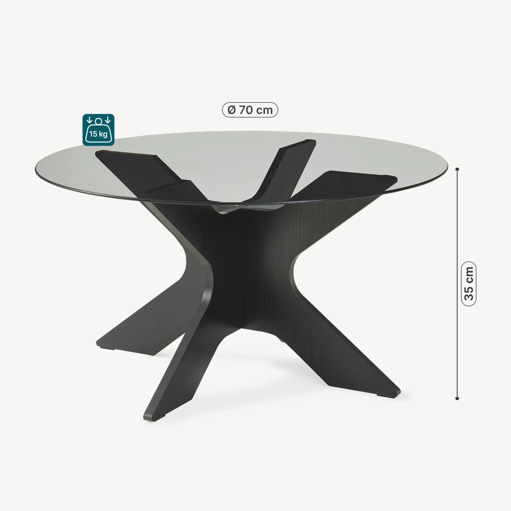 Tavolino da Caffè Imi con Piano Rotondo in Vetro Fumé Ø70 x 35 cm Grigio/Effetto Legno Nero [en.casa]
