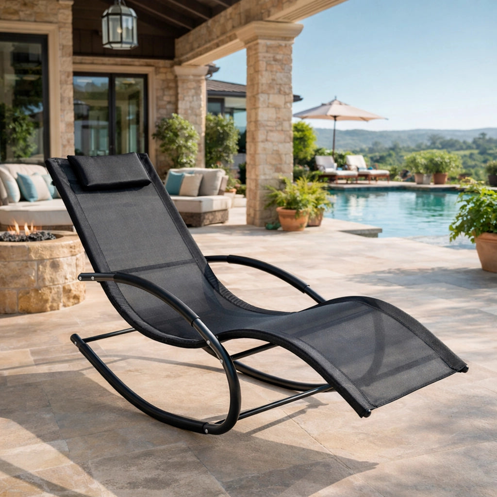 Sedia Basculante Da Giardino Ergonomica Con Poggiatesta Imbottito Poltrona Relax A Dondolo Per Terrazzo Patio Piscina 160x65x90 Cm Nero