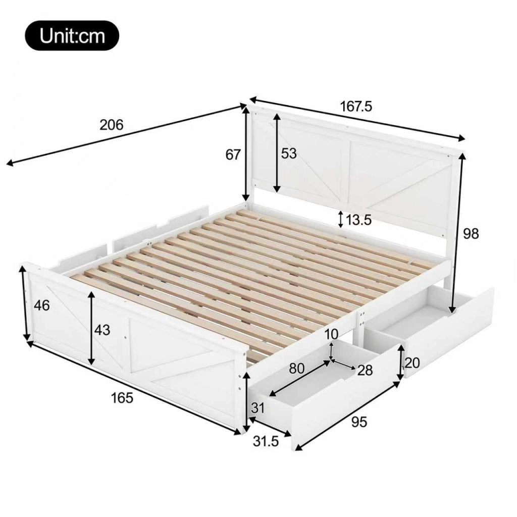 Letto con Cassetti 160x200 cm; 4 Cassetti e Testiera; in Legno e MDF; Bianco