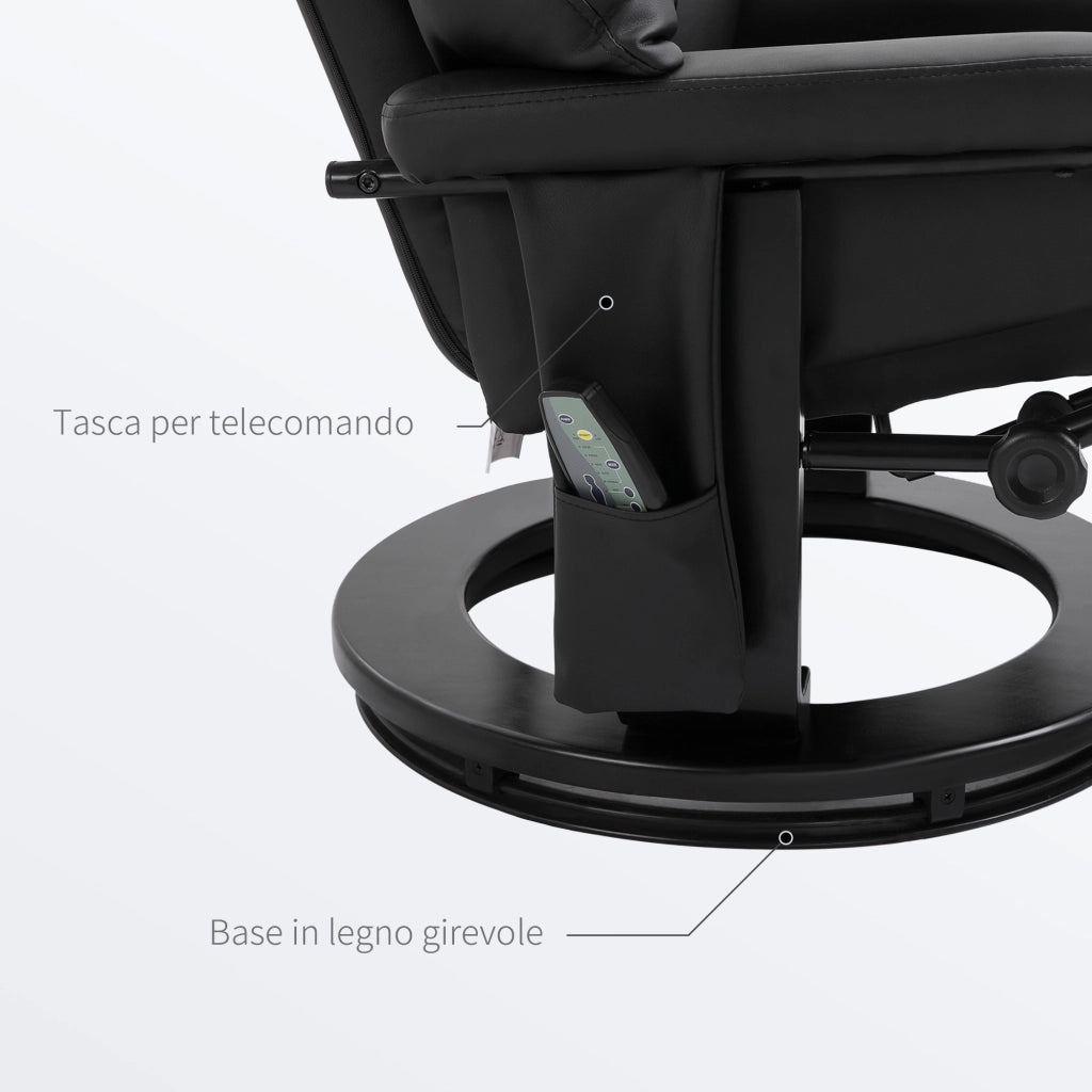 Poltrona Relax Reclinabile e Massaggiante con Pouf Poggiapiedi e Telecomando, 76x80x102 cm Nero