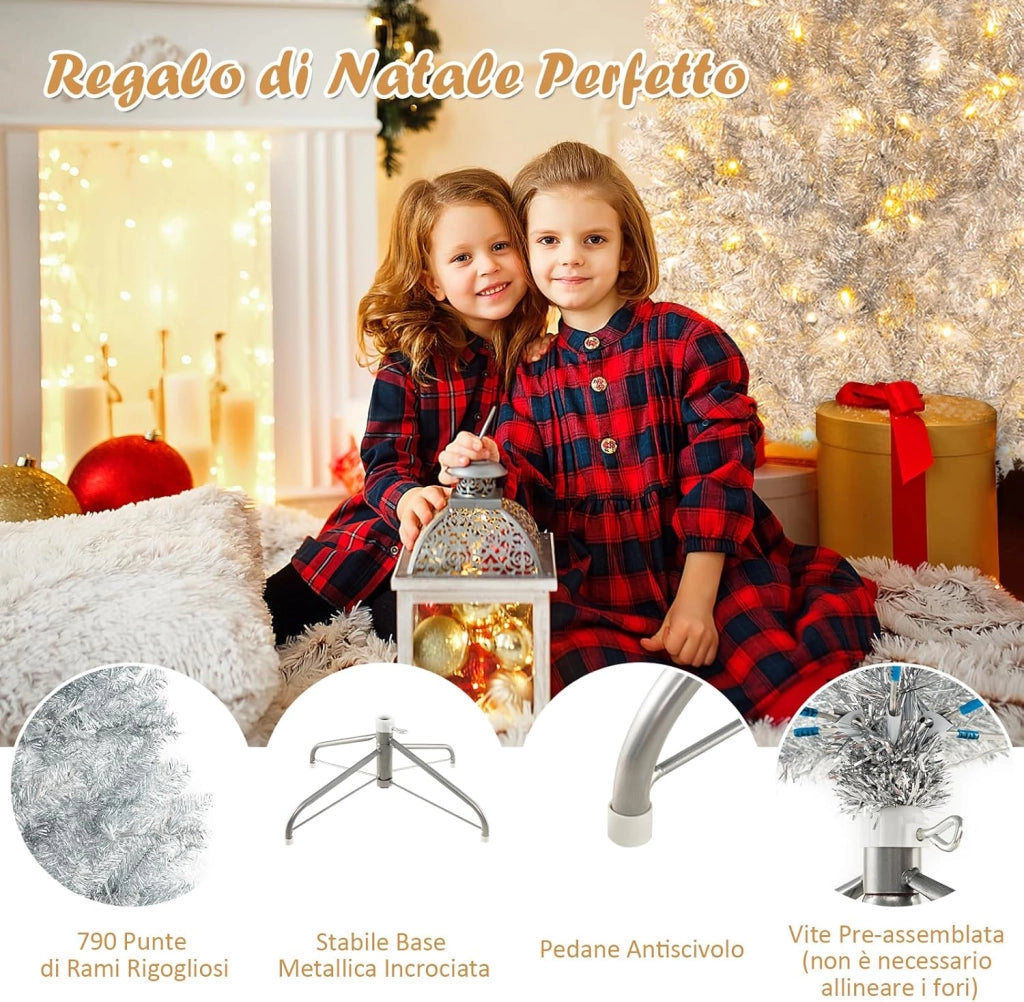 Albero di Natale 180 cm, Albero di Natale Artificiale Argento con 790 Rametti, 300 Luci a LED Bianco Caldo, Supporto Pieghevole in Metallo, Decorazione Natalizia per Ufficio e Casa