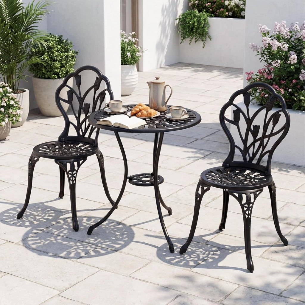 Set Tavolino e Sedie in Alluminio 3 Pezzi, Set Bistro da Esterno con Foro per Ombrellone, Mobili da Giardino per Cortile Patio Terrazza (Modello 2)