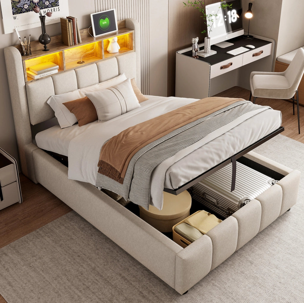Letto imbottito 90x200 cm in tessuto effetto lino beige con LED; USB-C e contenitore idraulico