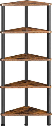 Libreria a 5 livelli per angolo - Pannello angolare con telaio metallico - Display standard per piante fiori angolo libreria - Piccoli spazi camera da letto soggiorno - Stile rustico marrone