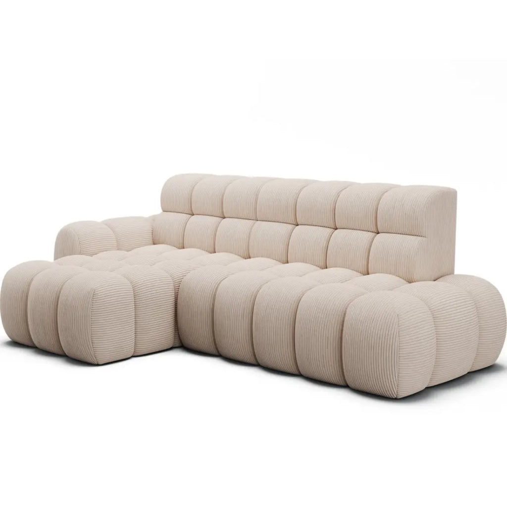Divano angolare trasformabile BULLA 3 posti beige – velluto a coste con estensione della seduta elettrica