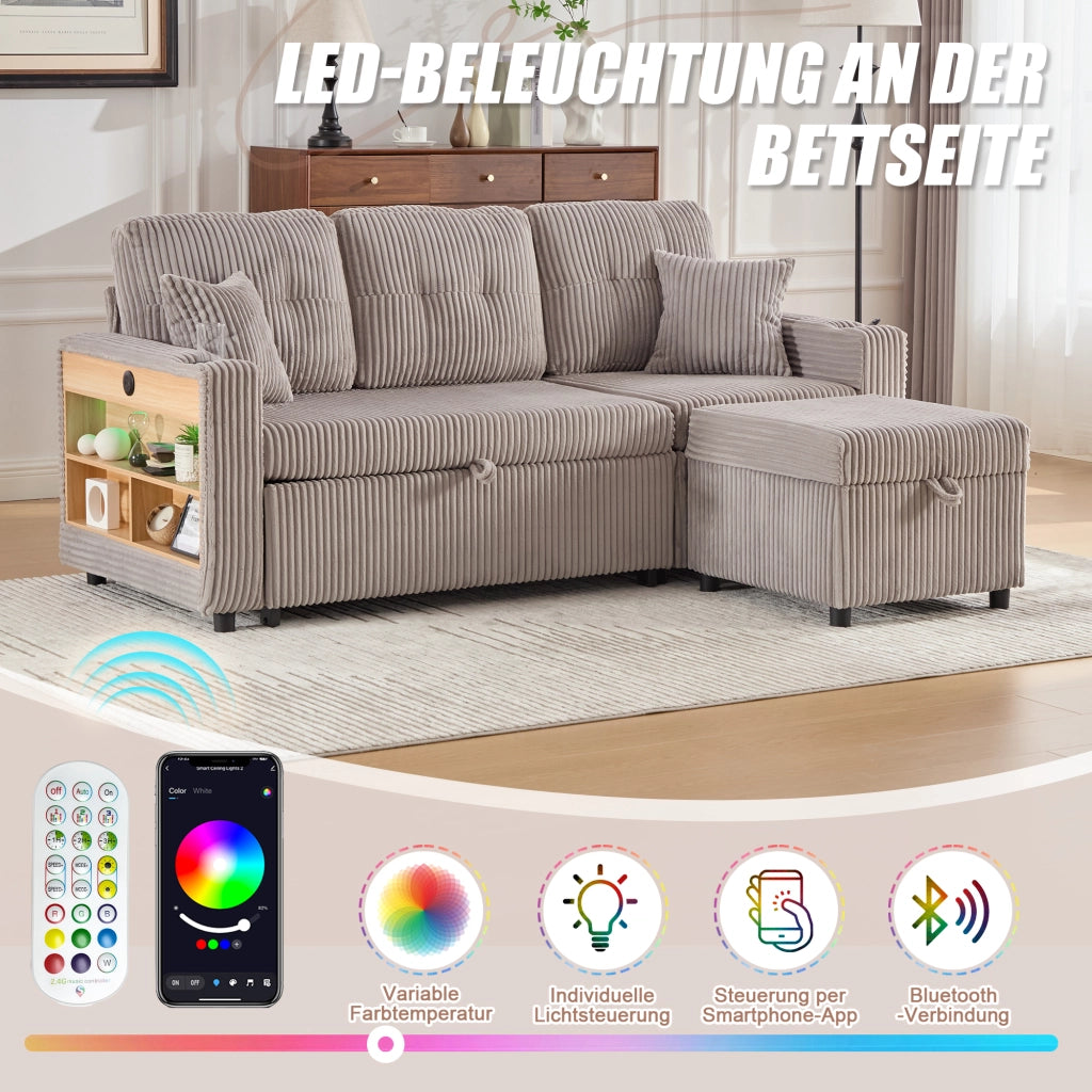 Divano letto con contenitore estraibile con USB-C e LED in velluto a coste grigio chiaro 196 × 82 × 85 cm