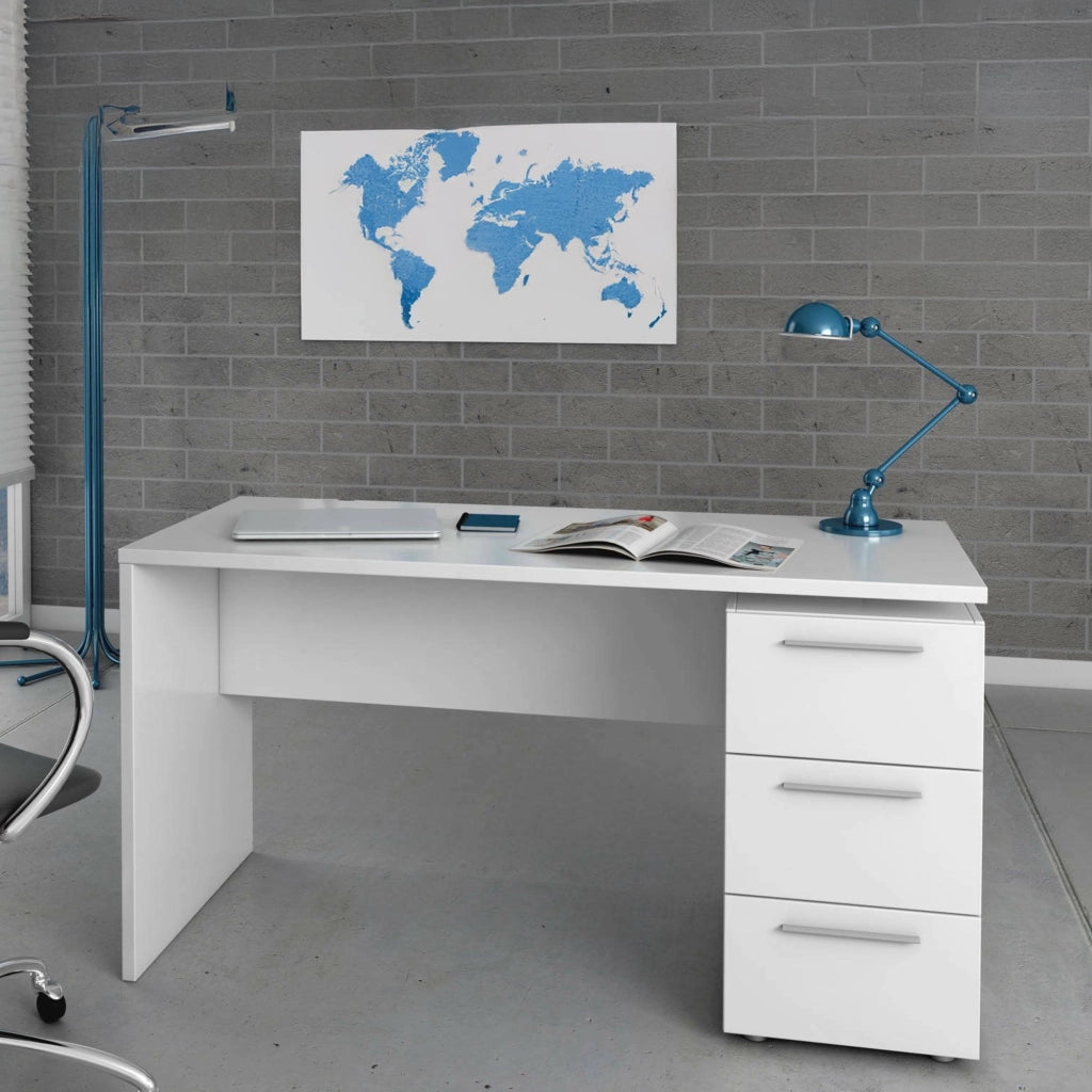 Scrivania Alimet, Scrittoio da ufficio moderno, Tavolo da studio con cassettiera a 2 cassetti e 1 anta, cm 138x60h74, Bianco