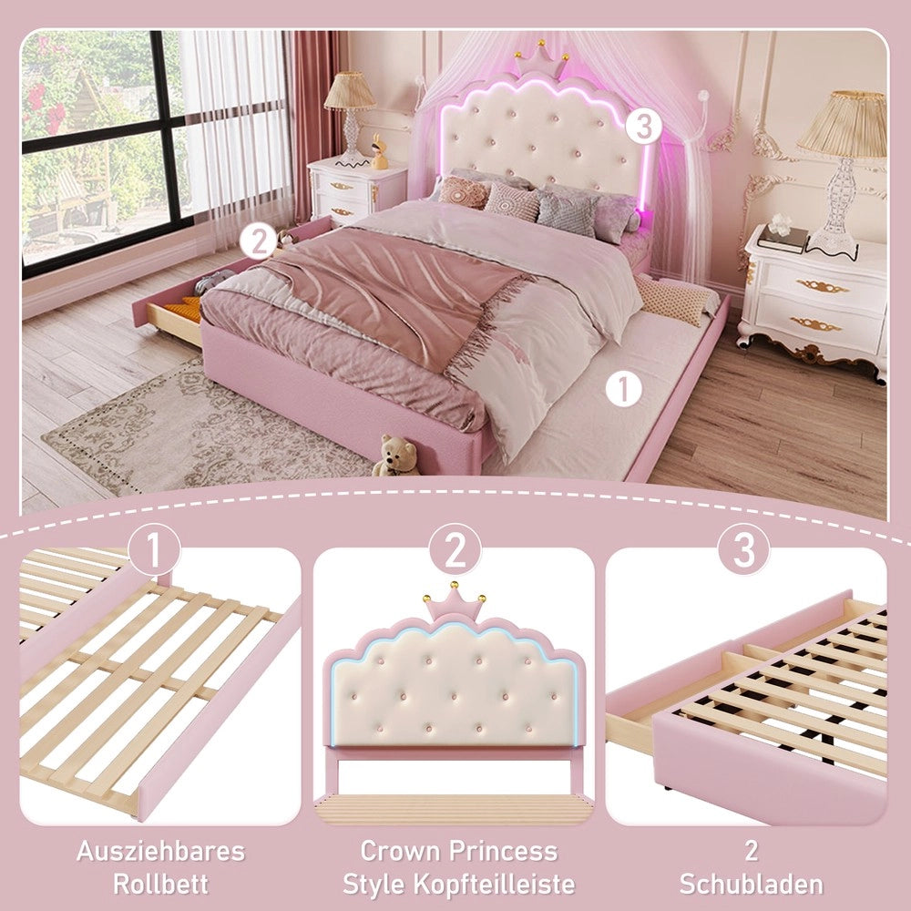Letto imbottito con cassetti e rete a doghe ¨C Minimal ¨C Rosa similpelle 140x200 cm con LED