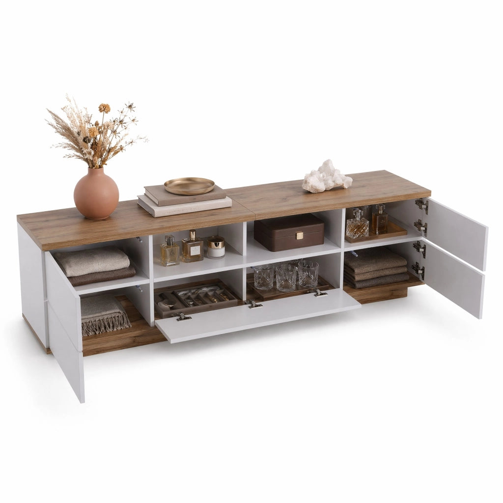 Mobile TV 180x38x46 cm bianco e colore legno in MDF con 5 ante e 2 vani aperti
