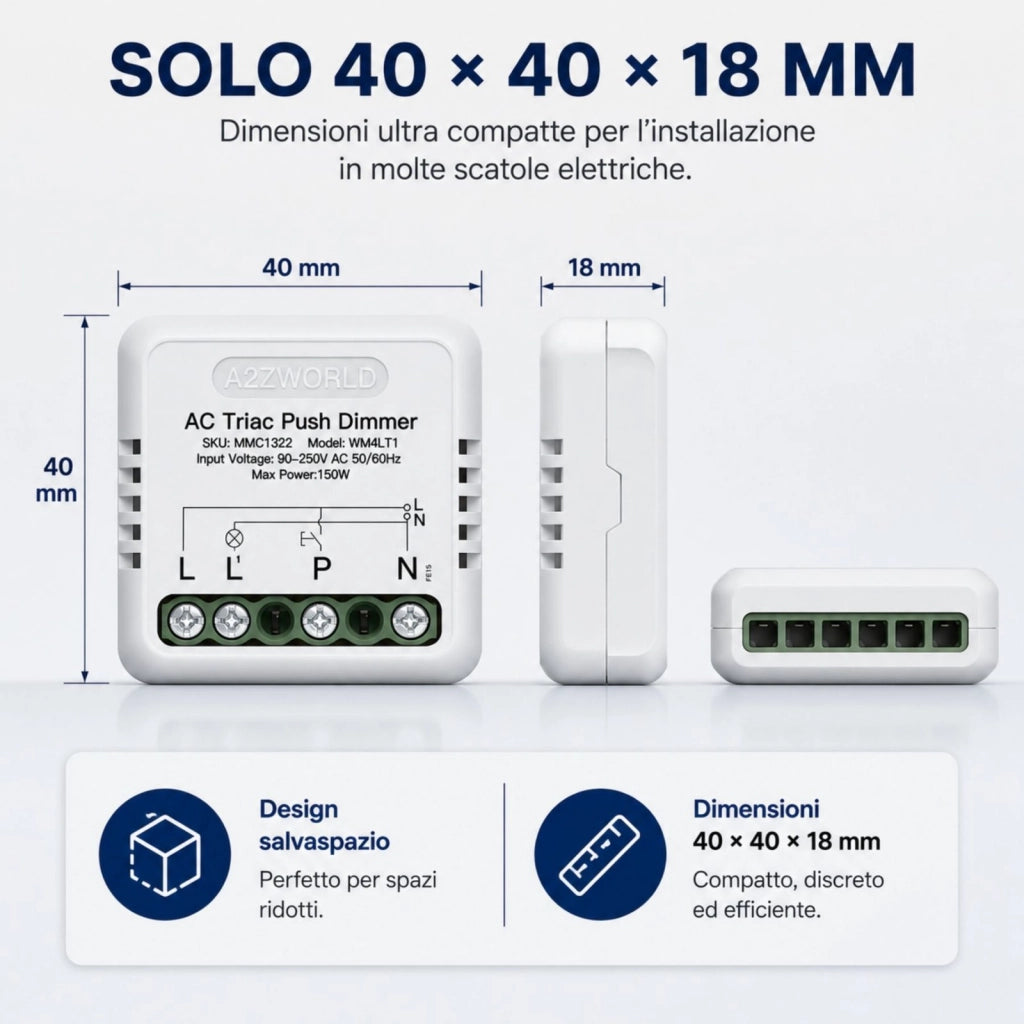 Push AC Triac Dimmer, per Lampada Led Dimmerabile Taglio di Fase, AC 220V 1A Max 150W, Regolabile 10-100%, Sincronizzabile con più Dimmer