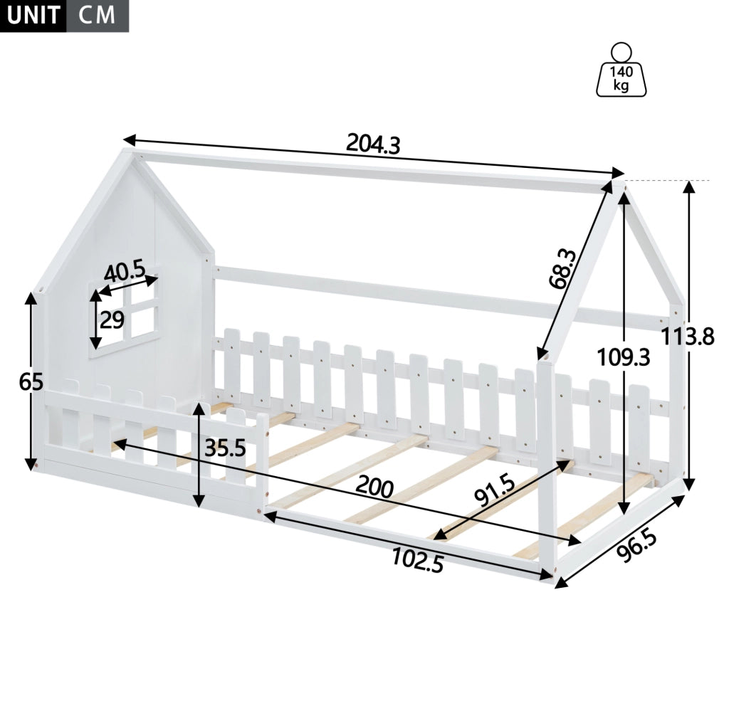 Letto per bambini a forma di casetta 90 x 200 cm in pino; bianco