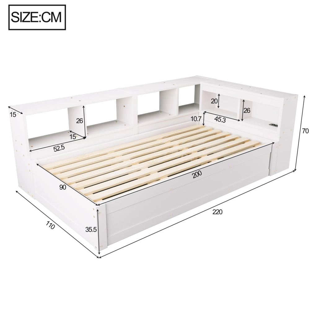Letto multifunzione 90x200 cm con presa integrata; contenitori e LED in MDF bianco