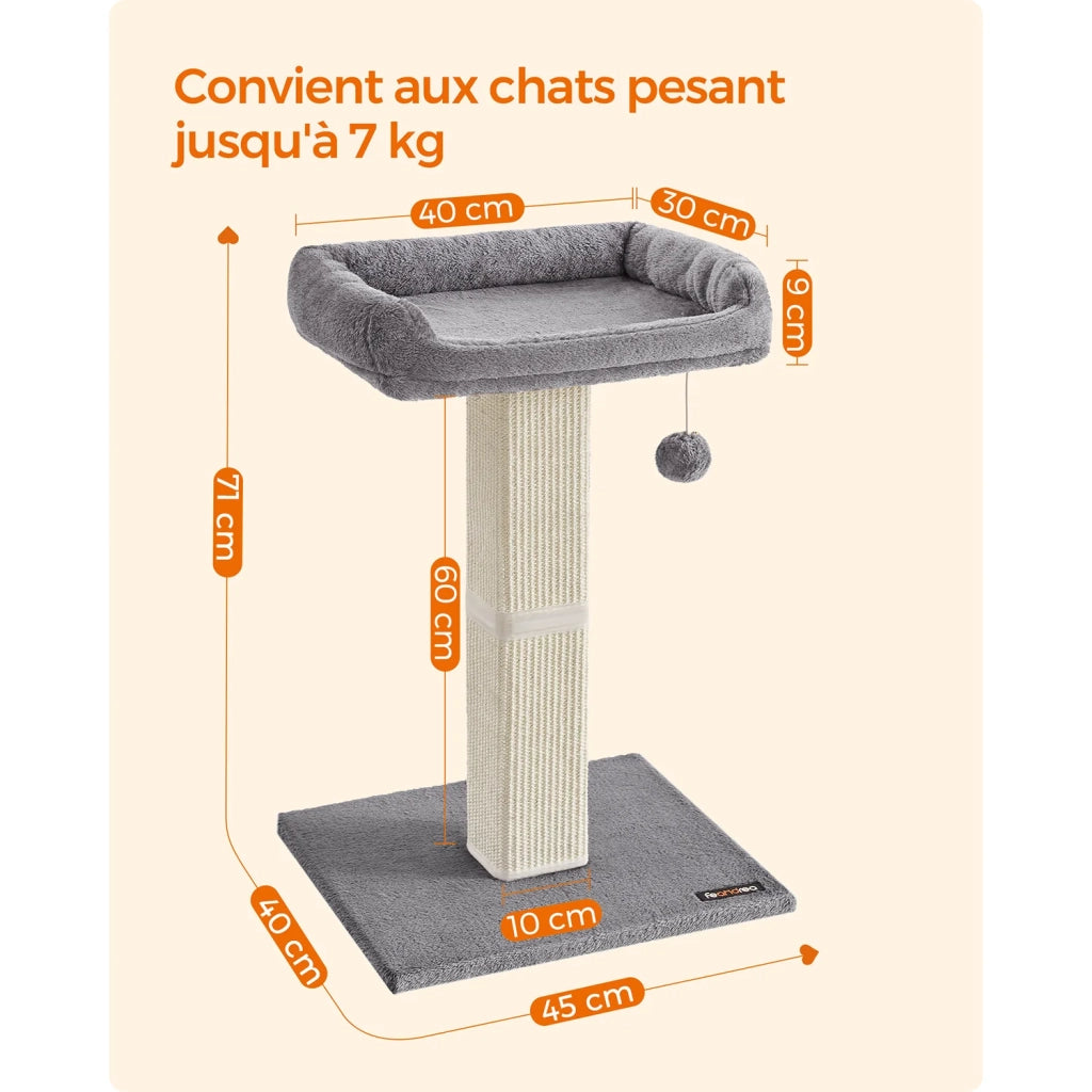 Tiragraffi per gatti con piattaforma in tessuto di peluche 40 x 30 cm albero per gatti altezza 71 cm palo in sisal con nappa grigio chiaro 12_0006010