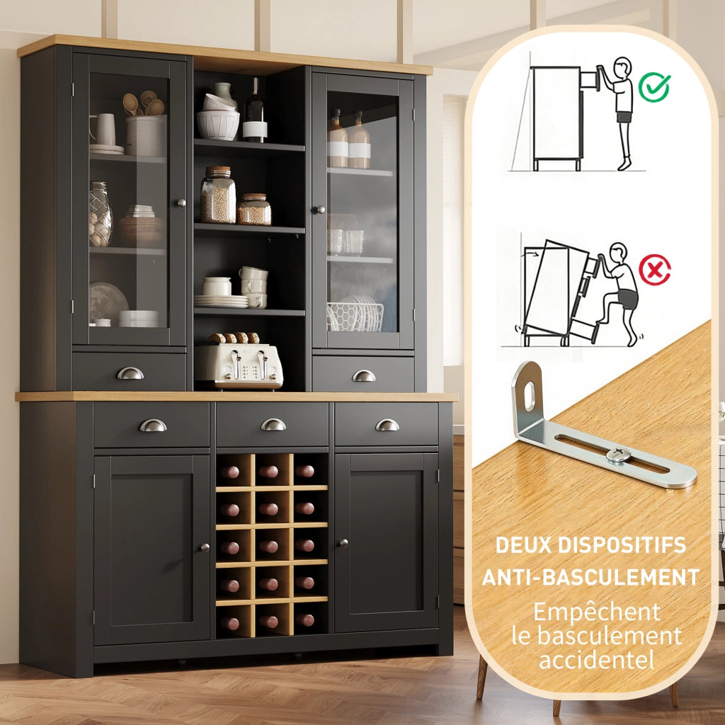 Credenza alta con vetrina 5 cassetti ripiano regolabile soft-close e portabottiglie estraibile per cucina e soggiorno