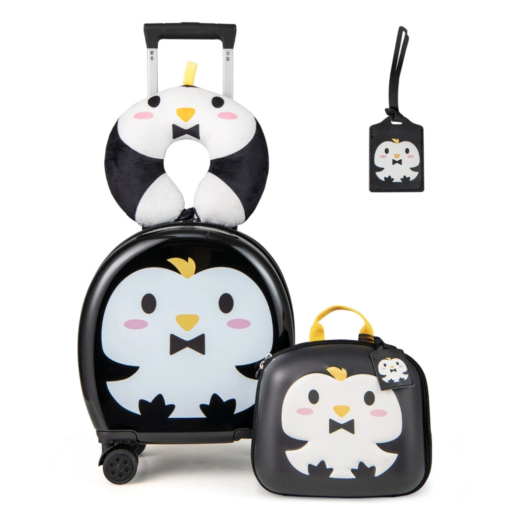 Set di valigie per bambini, Set da 4 pezzi con valigia a mano zaino e cuscino per collo Nero+Bianco