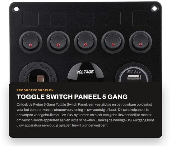 Pannello di commutazione a 5 gang con USB - Adatto per auto e marine - 12-24V - Voltmetro - Installazione facile - Adatto per diverse applicazioni