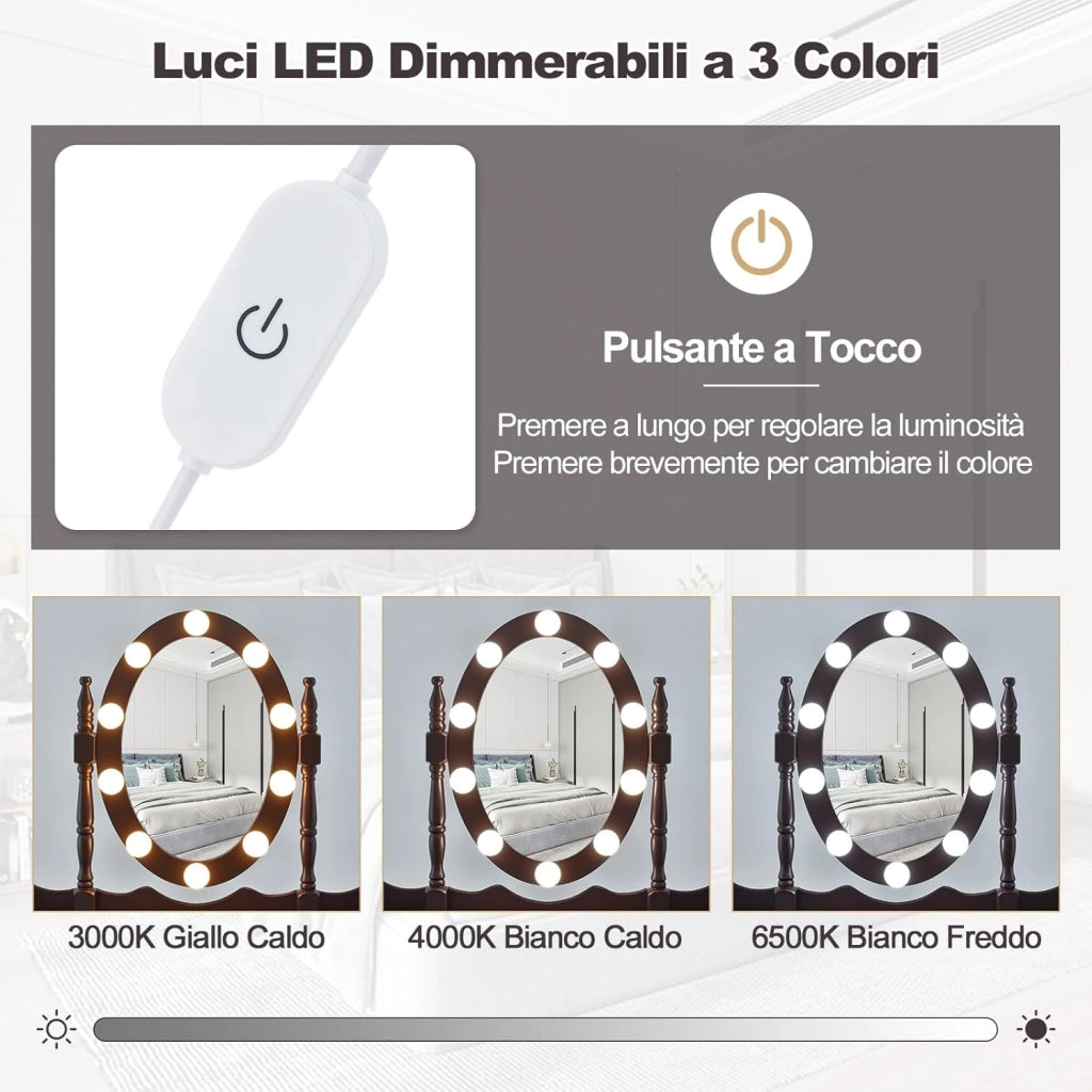 Toeletta Trucco con Specchio e 10 Luci LED, Luminosità Regolabile, Postazione Trucco con Sgabello Imbottito, Tavolo da Trucco Scrivania con 4 Cassetti Camera da Letto (Nero)