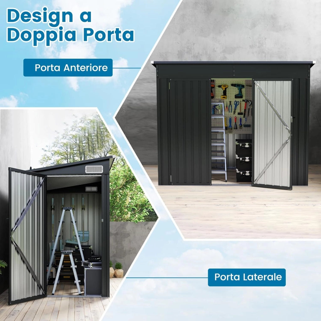 Capanni da Esterno, Casetta Porta Attrezzi da Giardino con 2 Porte, Design a Tetto Inclinato e Struttura in Metallo Galvanizzato, Armadietto per Attrezzi da Giardino