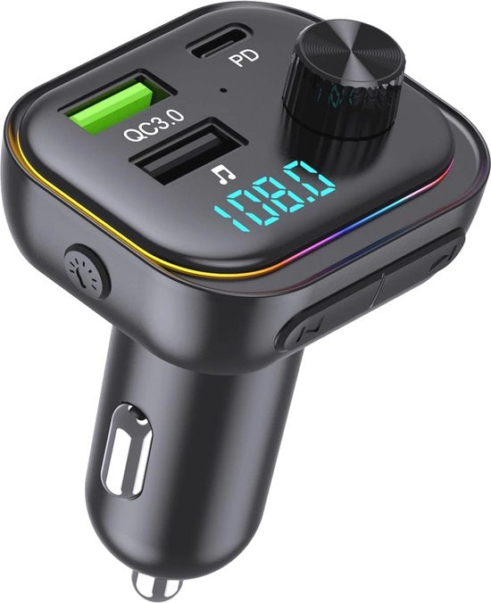 Trasmettitore FM Bluetooth con caricabatterie 3 porte e display LED per Auto - 32 GB USB con illuminazione ambientale a 7 colori