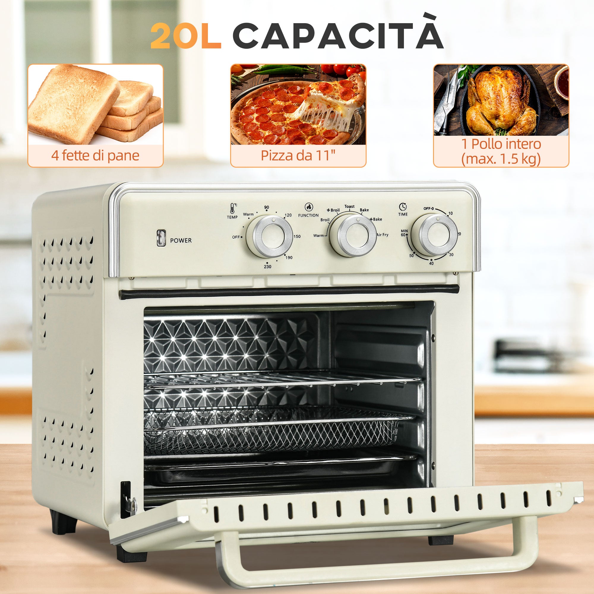 Mini Forno Elettrico 20L Ventilato 1400W con Aria Calda e Accessori Crema