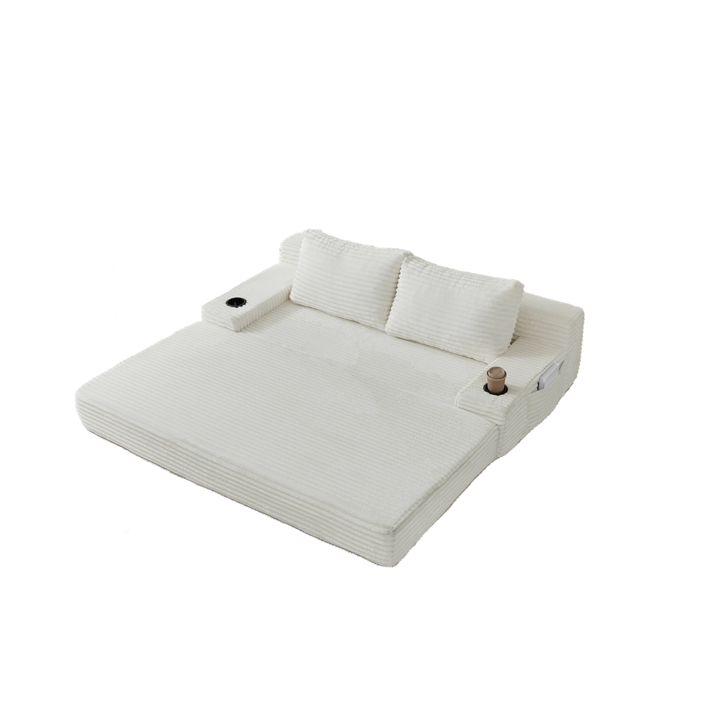 Divano letto 2-in-1 in tessuto di velluto a coste con portabicchieri e tasche laterali