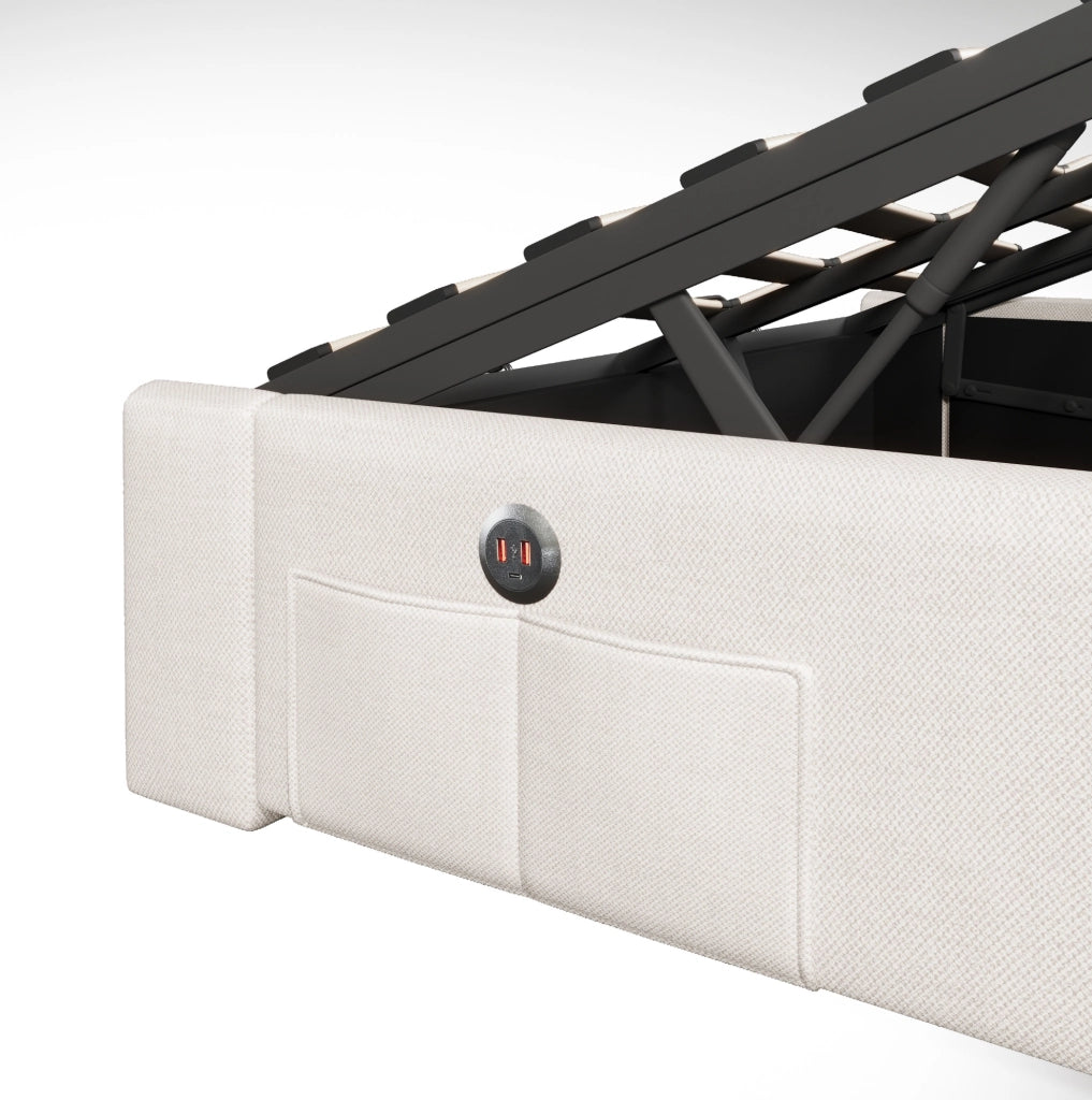 Letto imbottito 140x200 cm senza testiera con LED; USB e Type-C; contenitore idraulico; beige