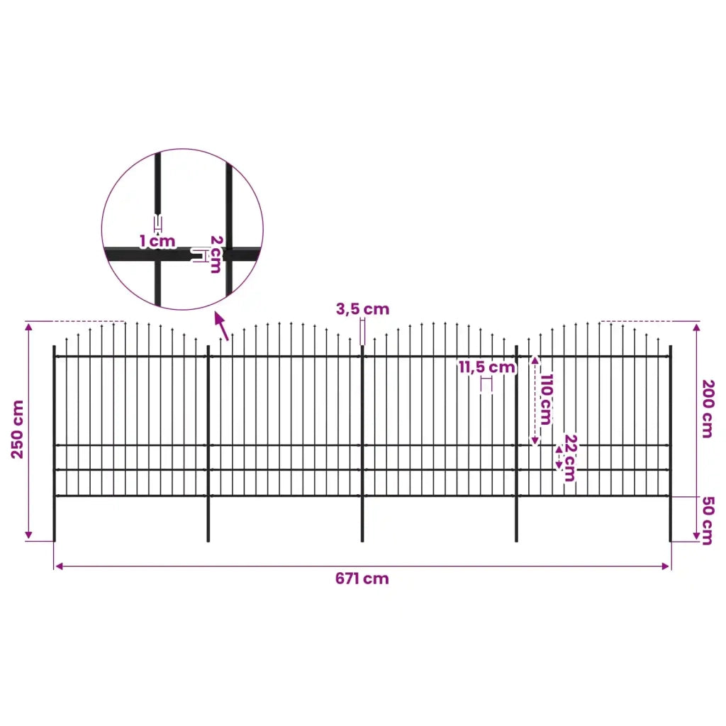 Recinzione da Giardino con Punta a Lancia in Acciaio 671x200 cm Nero 277751
