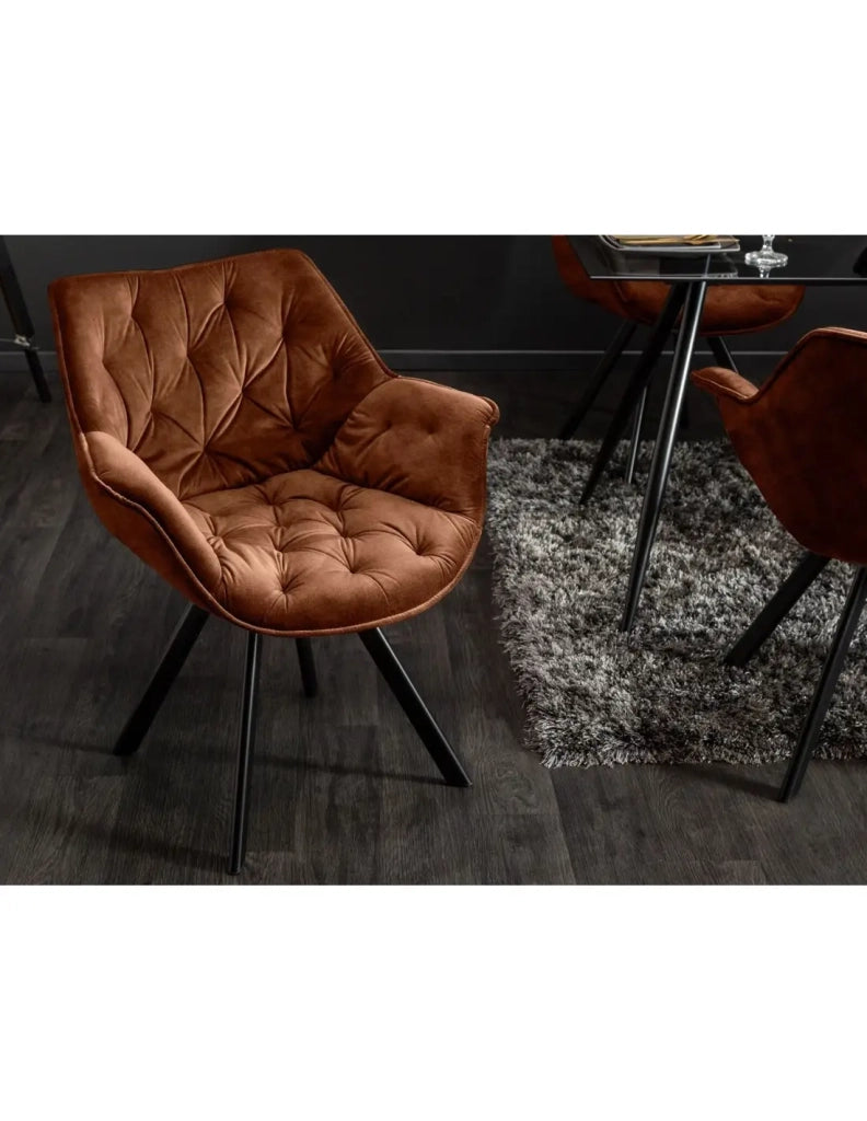 Set di 2 sedie design COMFY girevoli a 180° in velluto marrone trapuntato e piedi neri