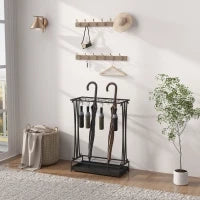 Portaombrelli con Vaschetta per l'Acqua, 21 Fori e 24 Ganci per Ombrello, in Acciaio, 50x24x68 cm, Nero