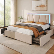 Letto matrimoniale 140x200 cm con LED; testiera regolabile e 4 cassetti; beige; con materasso