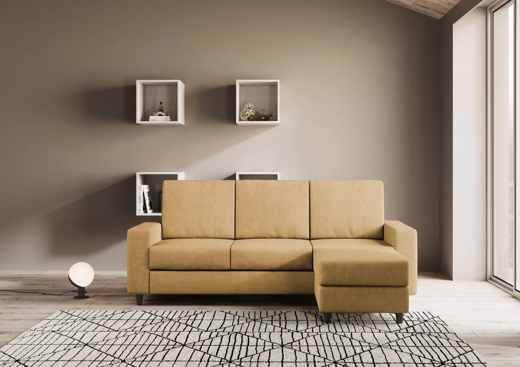 Divano sakar 3 posti (tre sedute da 60cm) + pouf misure esterne l.208 p.155 | ocra - Mobili 2G