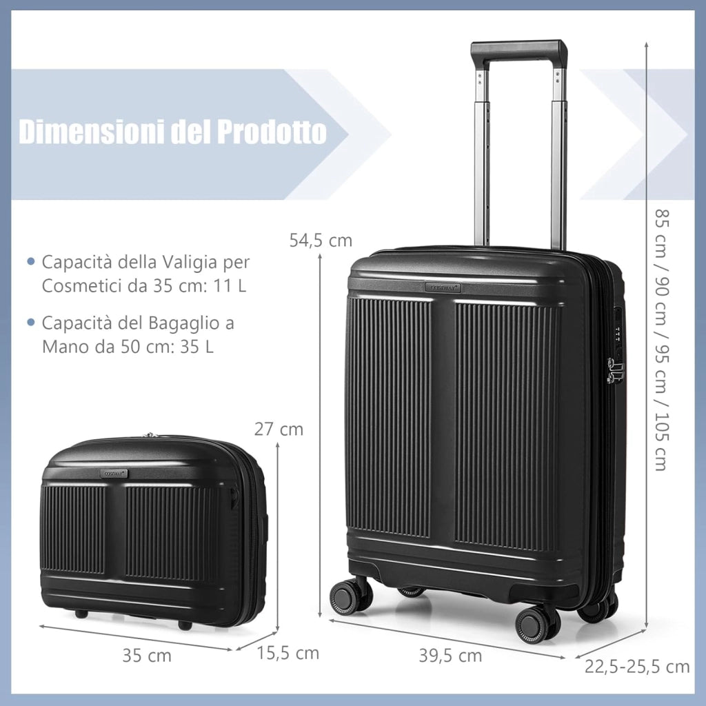 Valigia Bagaglio a Mano 20" con Beauty Case da Viaggio 14", Trolley Bagaglio a Mano con Lucchetto TSA, Porta USB, Ruote Girevoli e Manico Regolabile (Con Beauty + Nero)