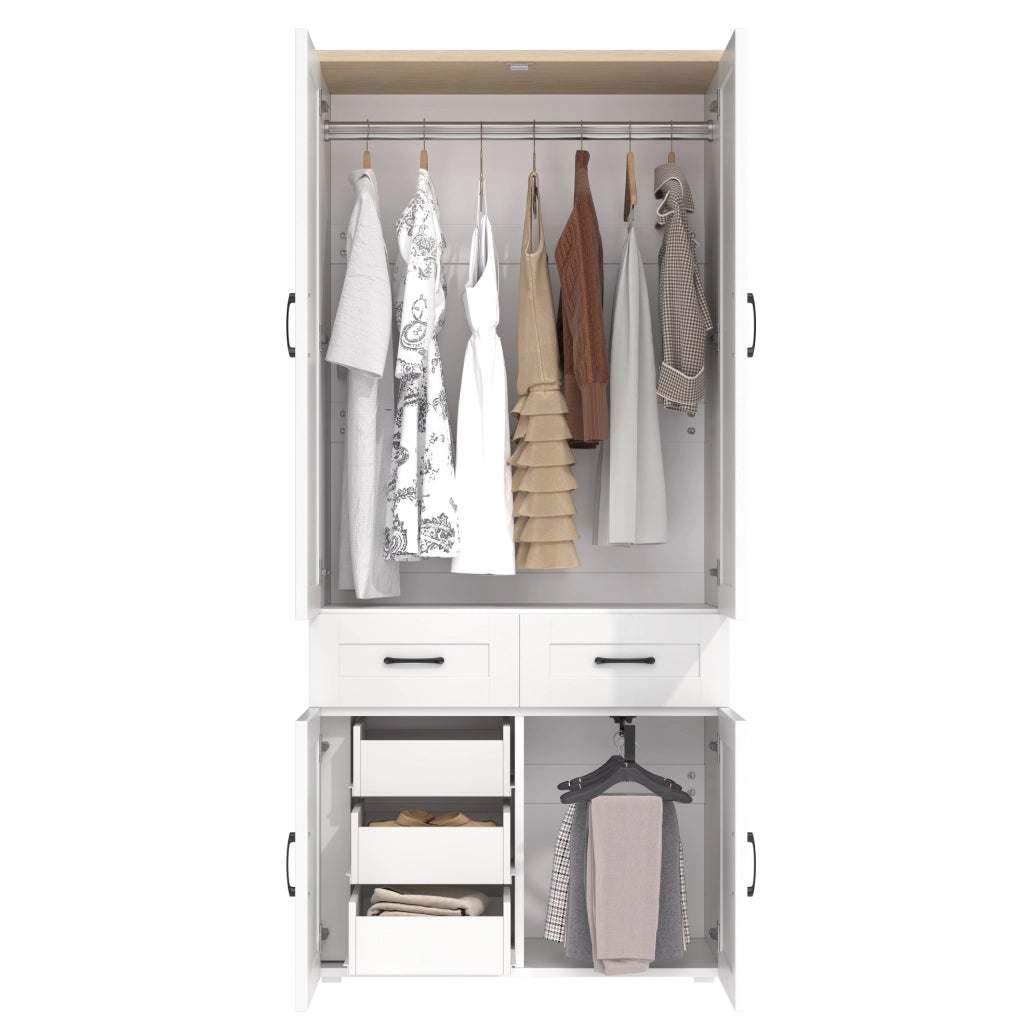Armadio ULEVR 90x50x200 cm con 4 ante, 5 cassetti e 2 barre appendiabiti, MDF bianco stile rustico