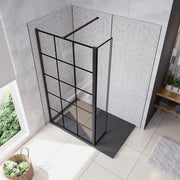 Box Doccia Parete Fissa 80x200cm con Paraspruzzo 40cm Vetro 8 mm Temperato Anticalcare Serigrafia Riquadri Neri Barra Stabilizzatrice Piatta 90 cm
