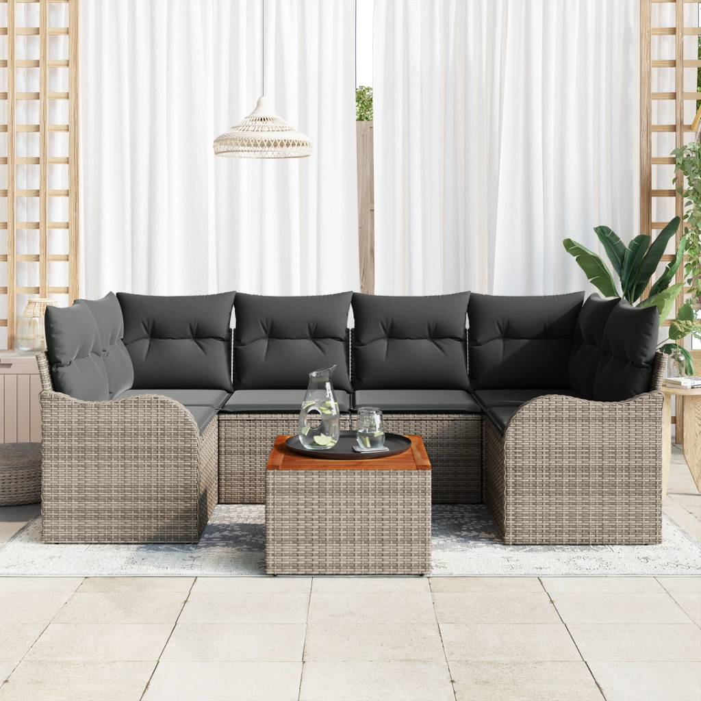 Set di SofÃ  da Giardino 7 Pezzi con Cuscini Grigio Polyrattan Acacia