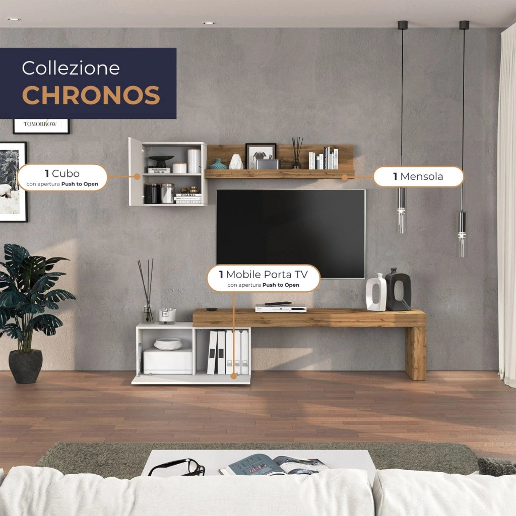 WHOUS Parete attrezzata Chronos set soggiorno bianco lucido e rovere 180/260x40 cm
