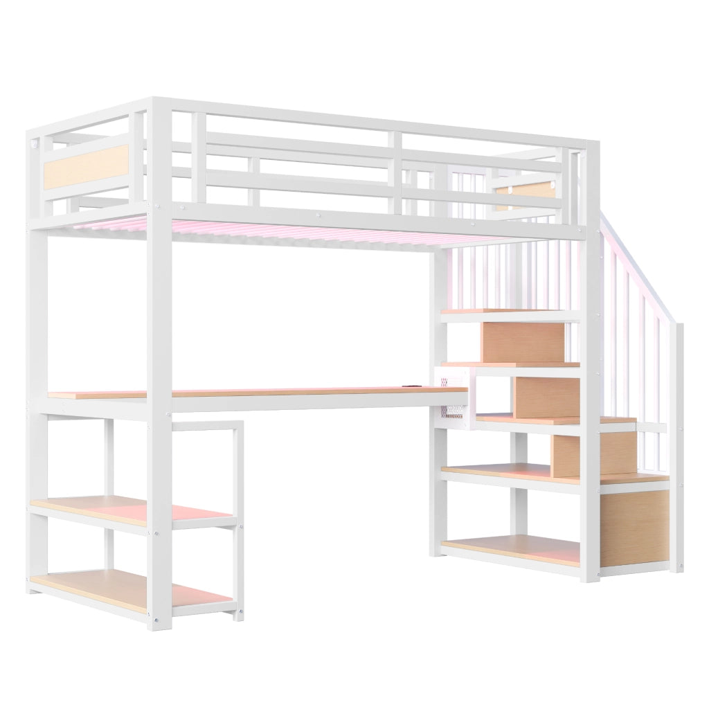 Letto a Soppalco in Metallo con LED, Presa e Ripiani ¨C MINIMAL ¨C Bianco 90x200