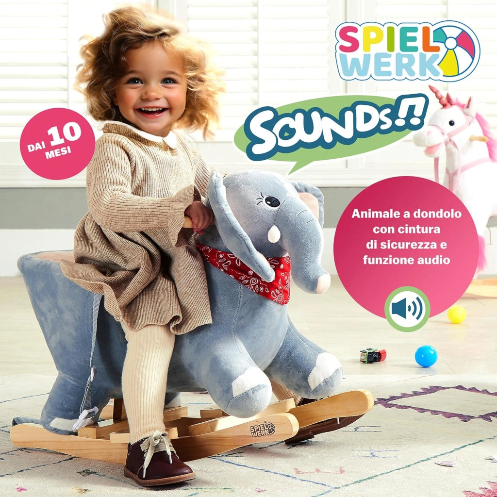 Elefante di Peluche a Dondolo in Legno con Suoni Cintura di Sicurezza Giochi Infanzia Bambini Giocattolo Regalo