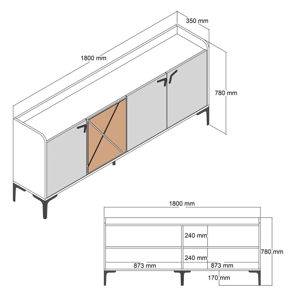 Madia Elini, Credenza 2 Ripiani, 180x35x78h cm Bianco Crema