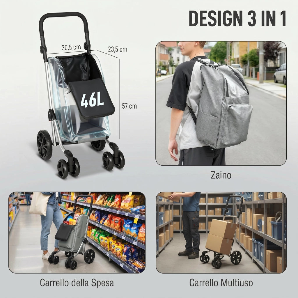 Carrello Spesa Pieghevole 44x58x100 cm Borsa da 46L con Ruote Scomparto Refrigerato in Alluminio Grigio