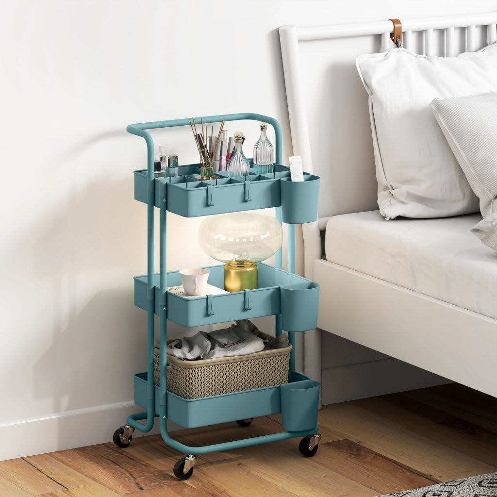Carrello a 3 livelli con 4 ganci e 3 contenitori sospesi ¨C zephmum ¨C 42x38x86,5 cm blu-verde