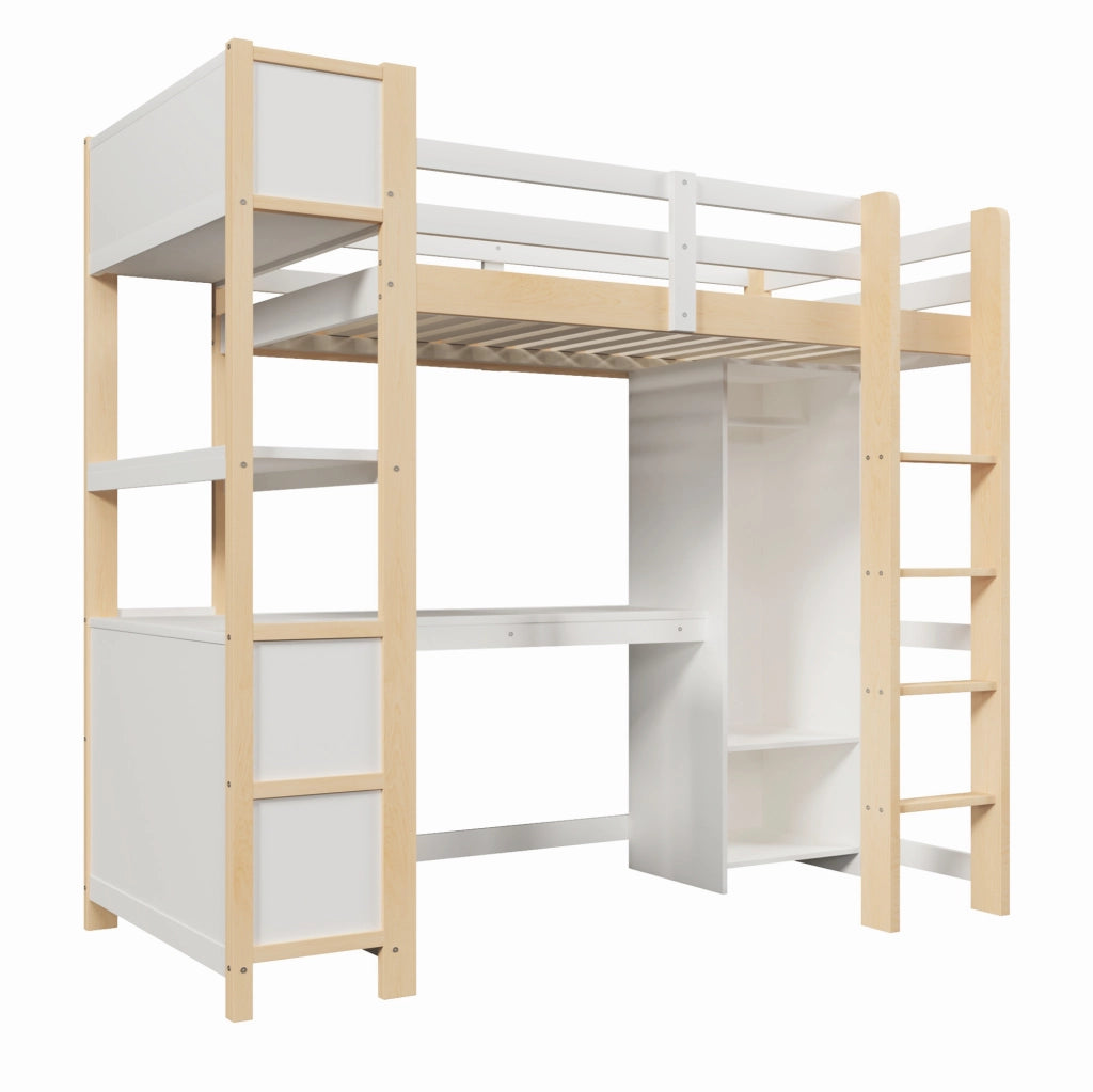 Letto a soppalco 90x200 cm con scrivania, armadio e ripiani in pino, MDF e compensato