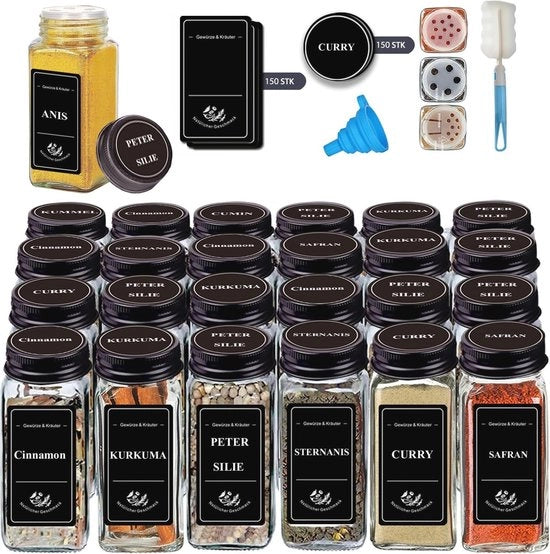 Set di contenitori per erbe 24 pezzi 120 ml - etichette e siringa per polvere - contenitori quadrati per spezie - conservazione delle spezie - design nero - per gourmets esigenti contenitori per erbe